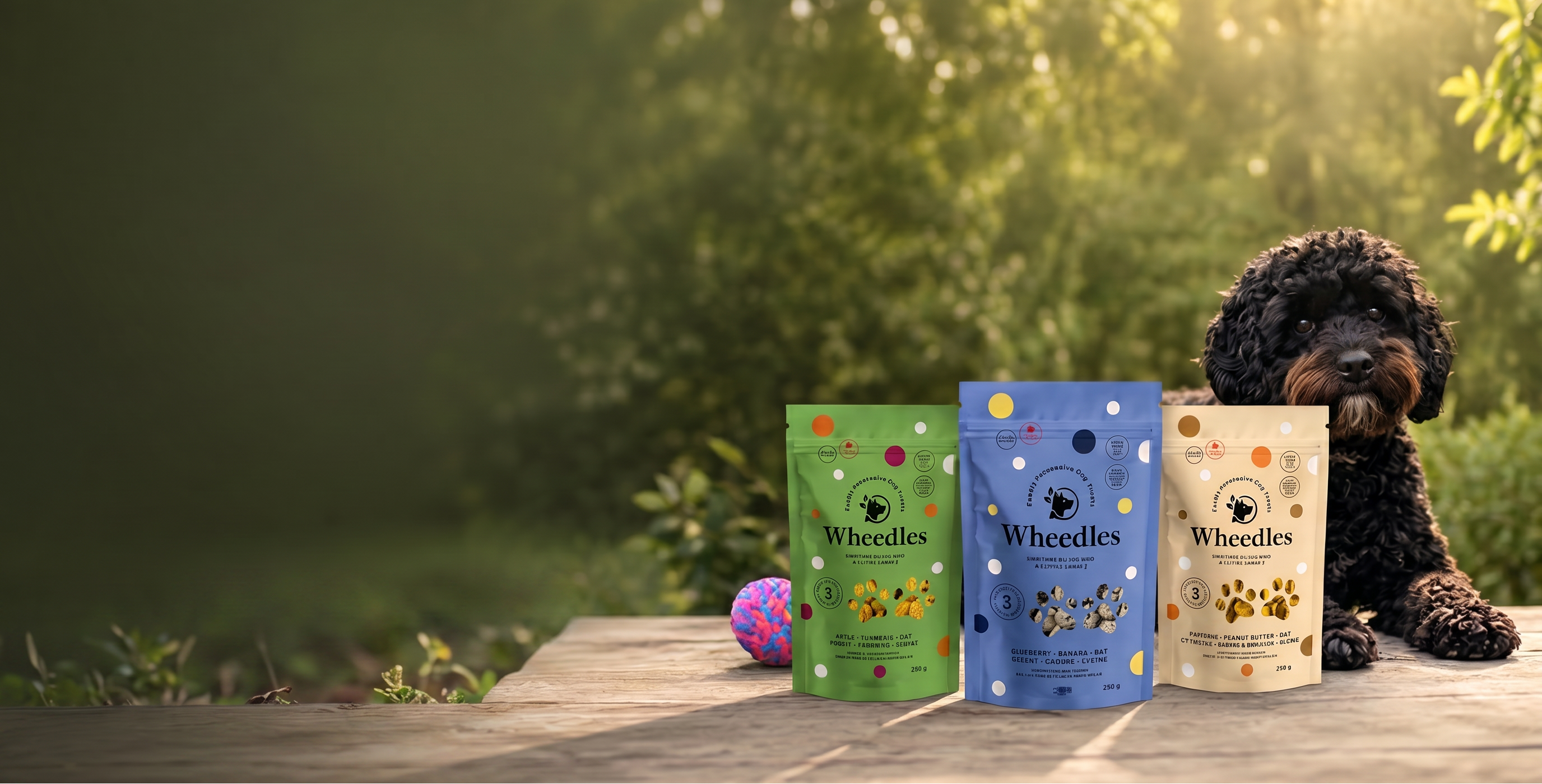 Three Wheelies dog food pouches in green, blue, and cream stand on a wooden deck outdoors, with a black aussiedoodle sitting to the right and a colorful ball to the left. The background is a blurred green garden with warm sunlight filtering through the leaves.