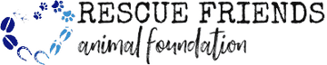 Text 'RESCUE FRIENDS animal foundation' with paw prints on a white background